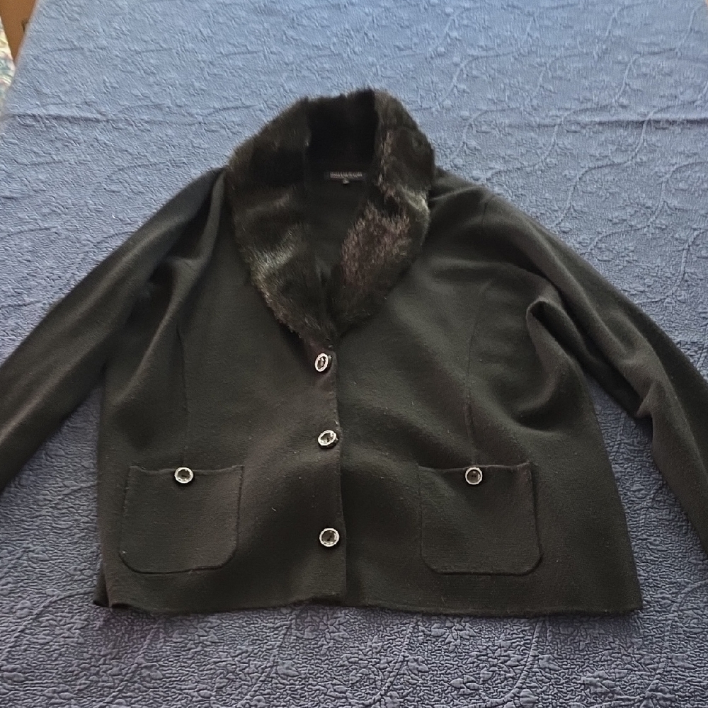 Black Faux Fur Collar Sweater Jacket
